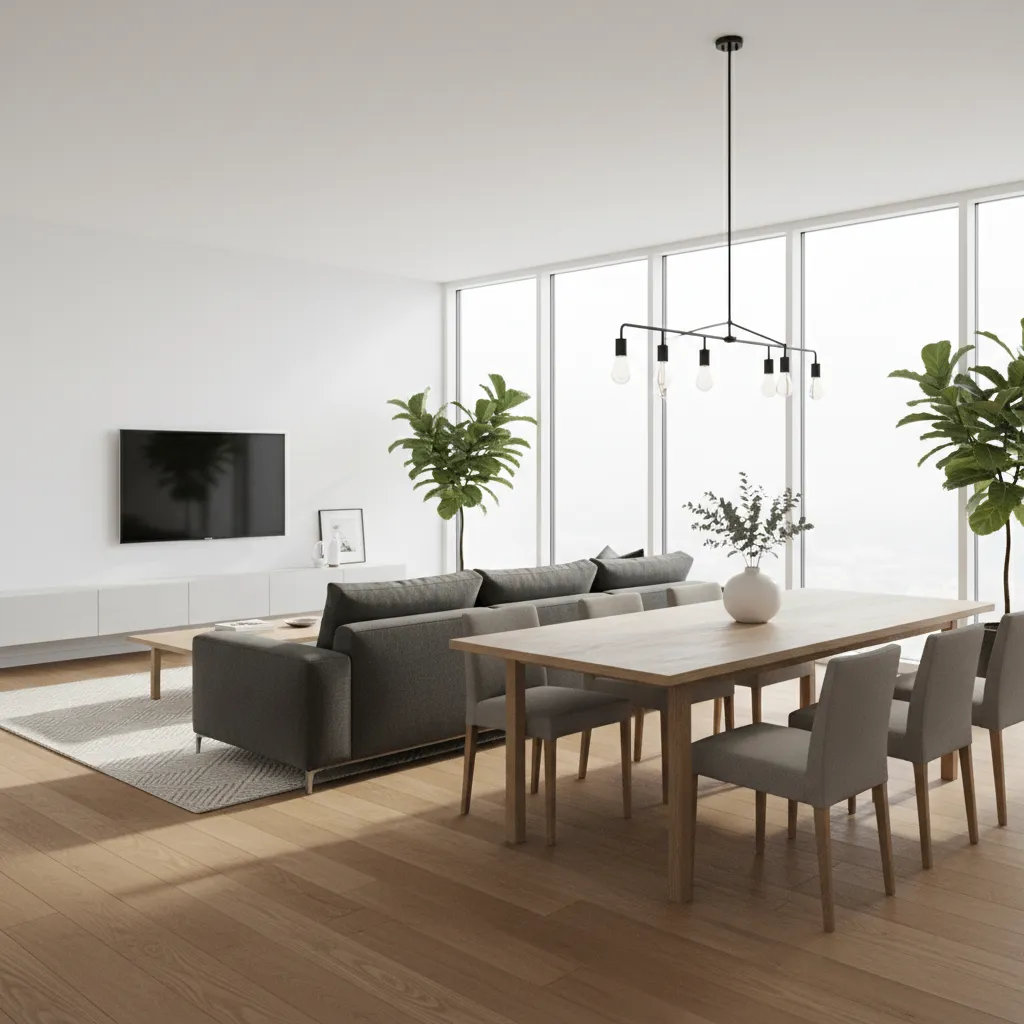 Modern living room with grey sofa wooden dining table black ceiling light and large windows
