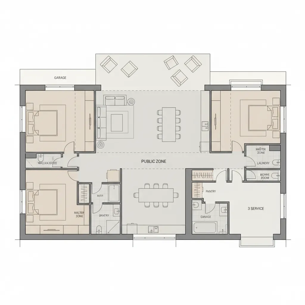 Interior design drawing with labels for public zones, service areas, and three comfortable bedroom layouts