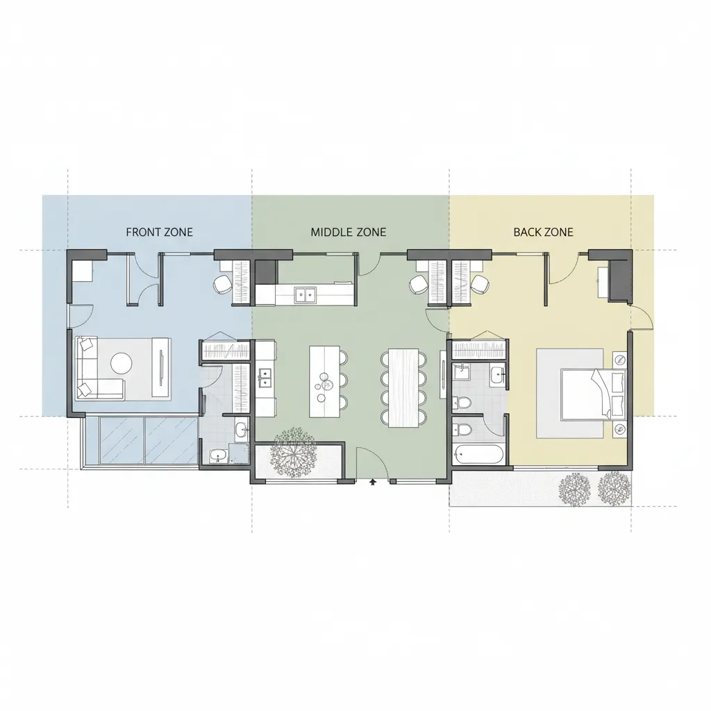 Diagram pembagian zona rumah depan tengah belakang