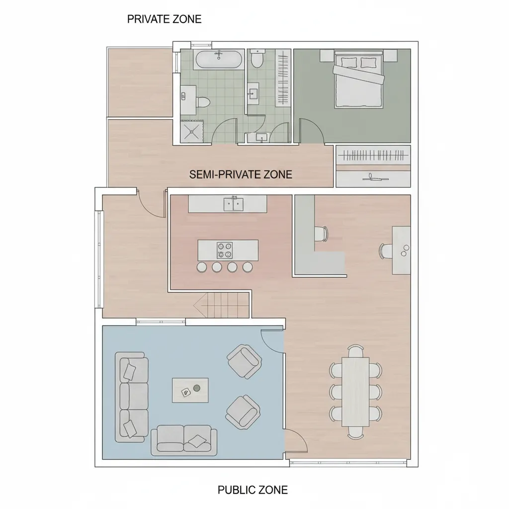 2D floor plan showing colored zones for living room dining area kitchen and one bedroom