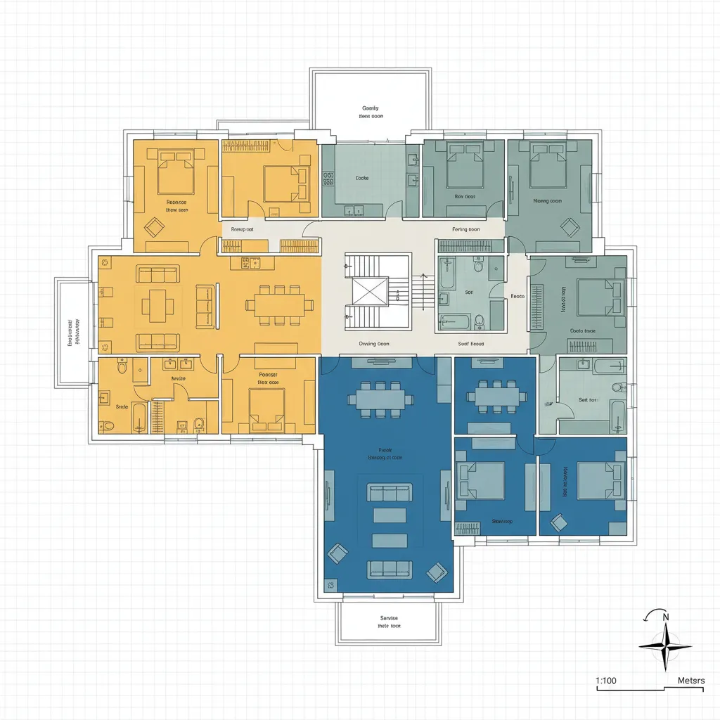 Color coded room layout showing a large apartment with zones for living dining and sleeping