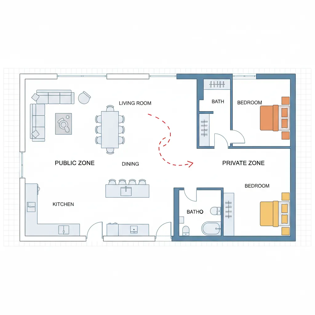 Ilustrasi pembagian zona publik dan privat dalam rumah