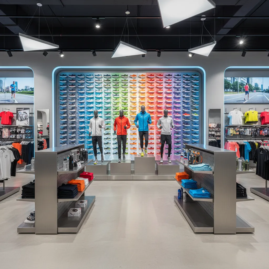 Zona de running en tienda deportiva con pared de zapatillas