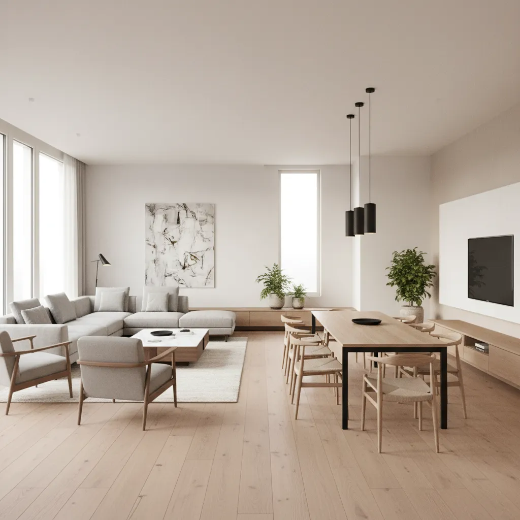 Spacious interior design with beige sofa, armchairs, wooden dining table, wall television, and ceiling lights