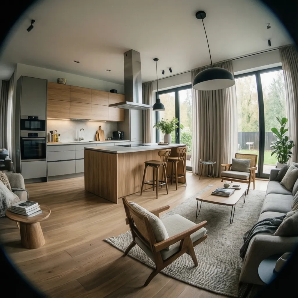Salón y cocina abierta en una casa moderna de 100 m2