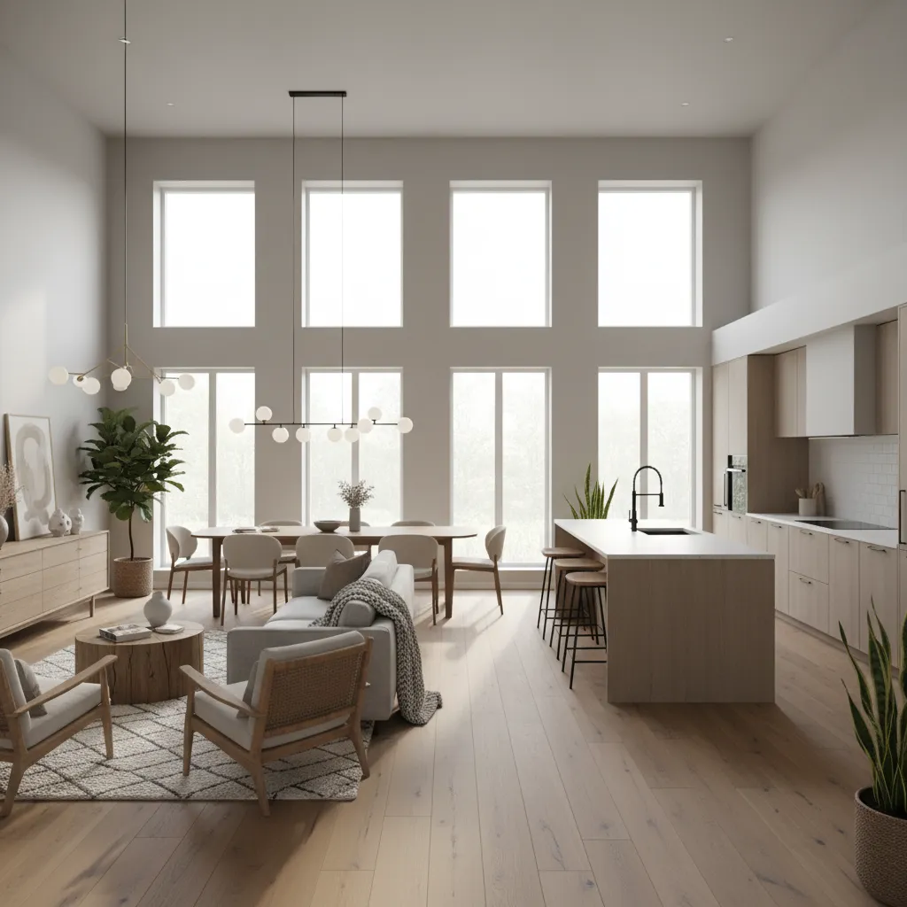Minimalist open plan living room with kitchen island, dining table, sofa, wood flooring, and windows