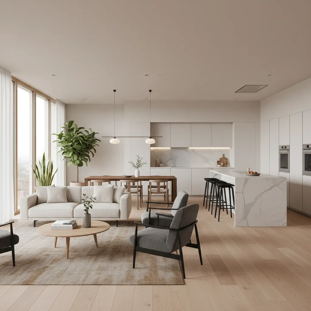 Zona social abierta con salón comedor y cocina en casa moderna