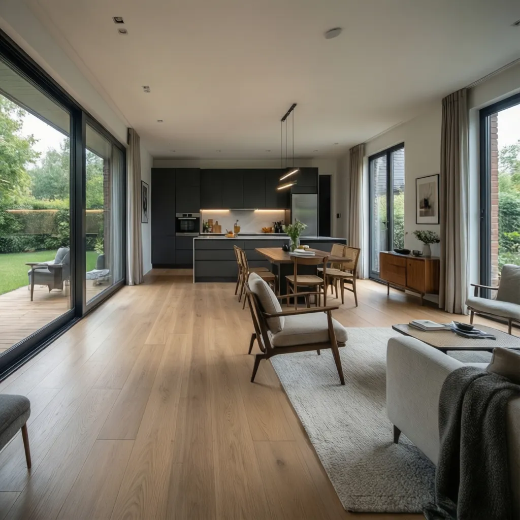 Salón comedor moderno integrado con cocina en casa de tres dormitorios