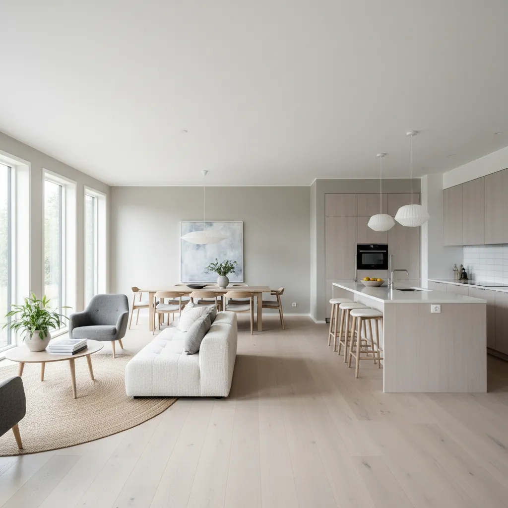 Sala, comedor y cocina abiertos en casa moderna