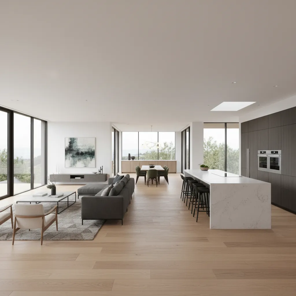 Modern open plan interior design drawing with grey sofa dining table and white kitchen island