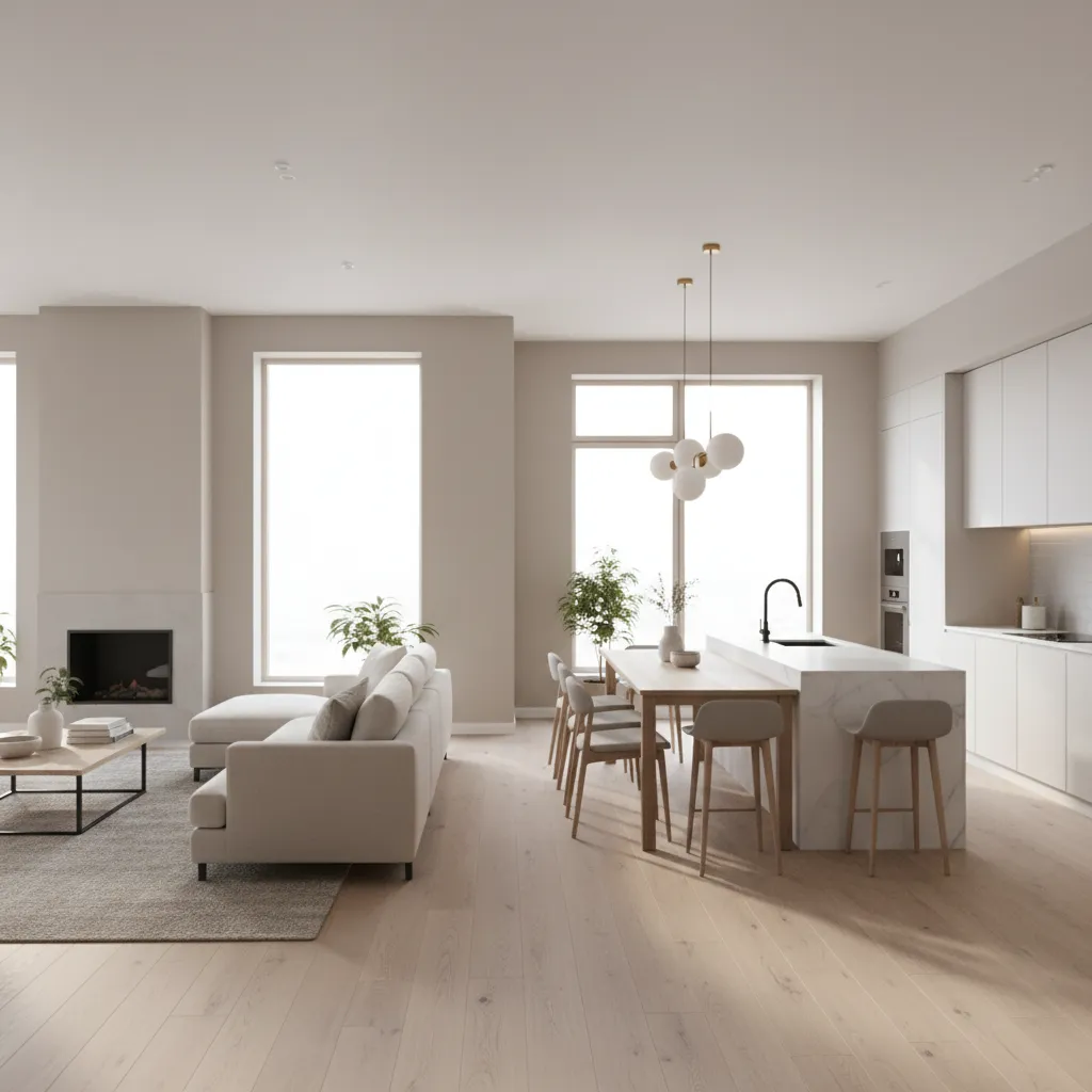 Minimalist open living room with grey sofa, fireplace, dining table, marble kitchen island, and windows