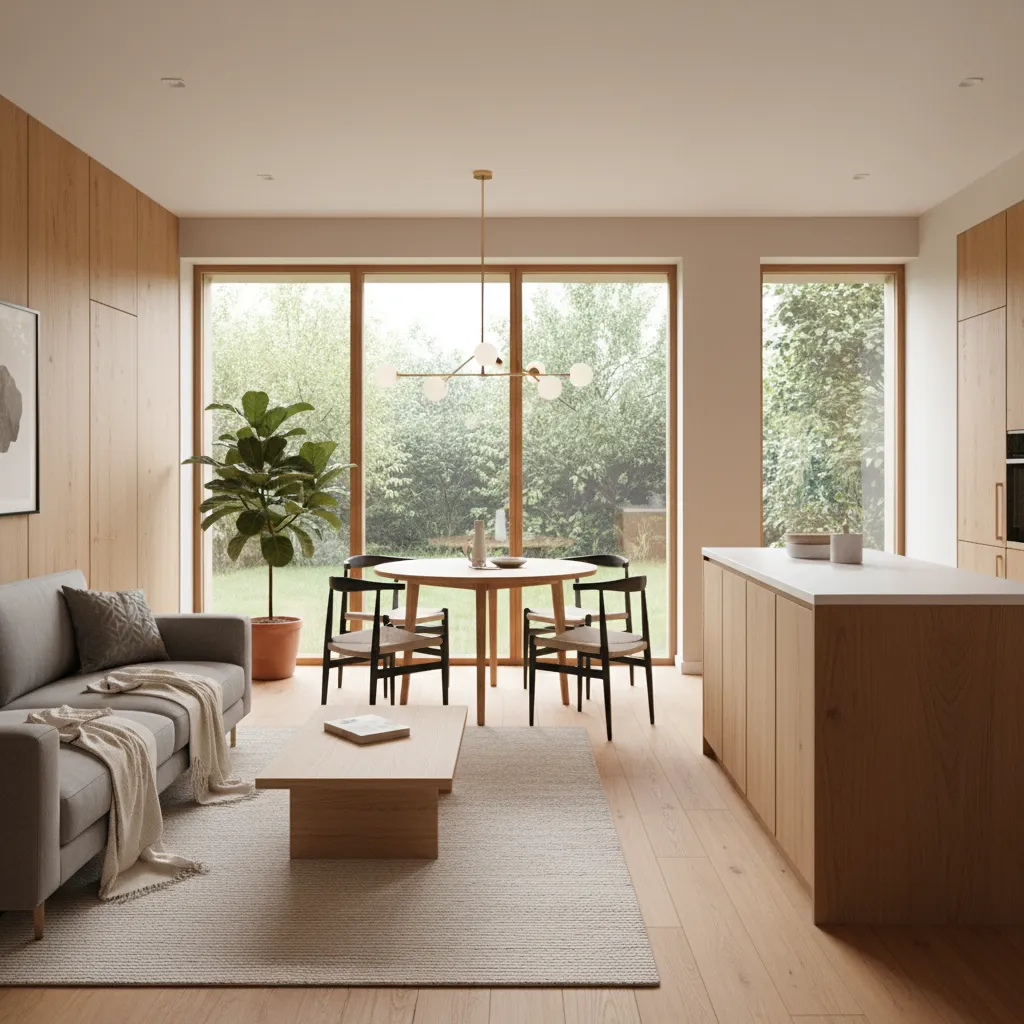 Sala y comedor integrados en una casa pequeña