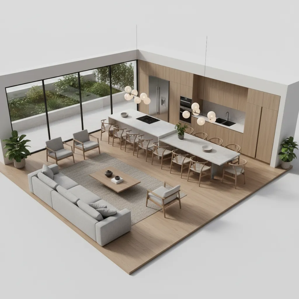 Plano 3D mostrando salón comedor y cocina conectados