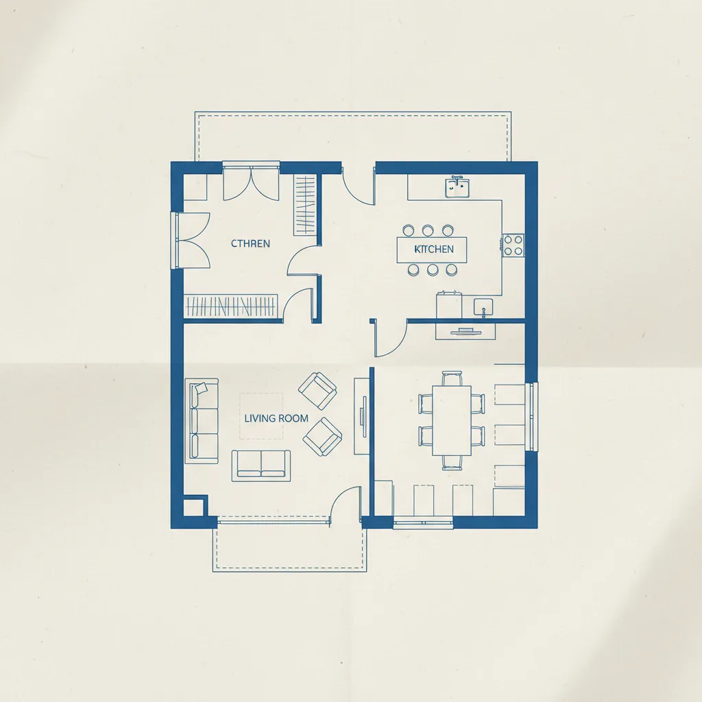 Plano arquitectónico destacando la zona social de una vivienda