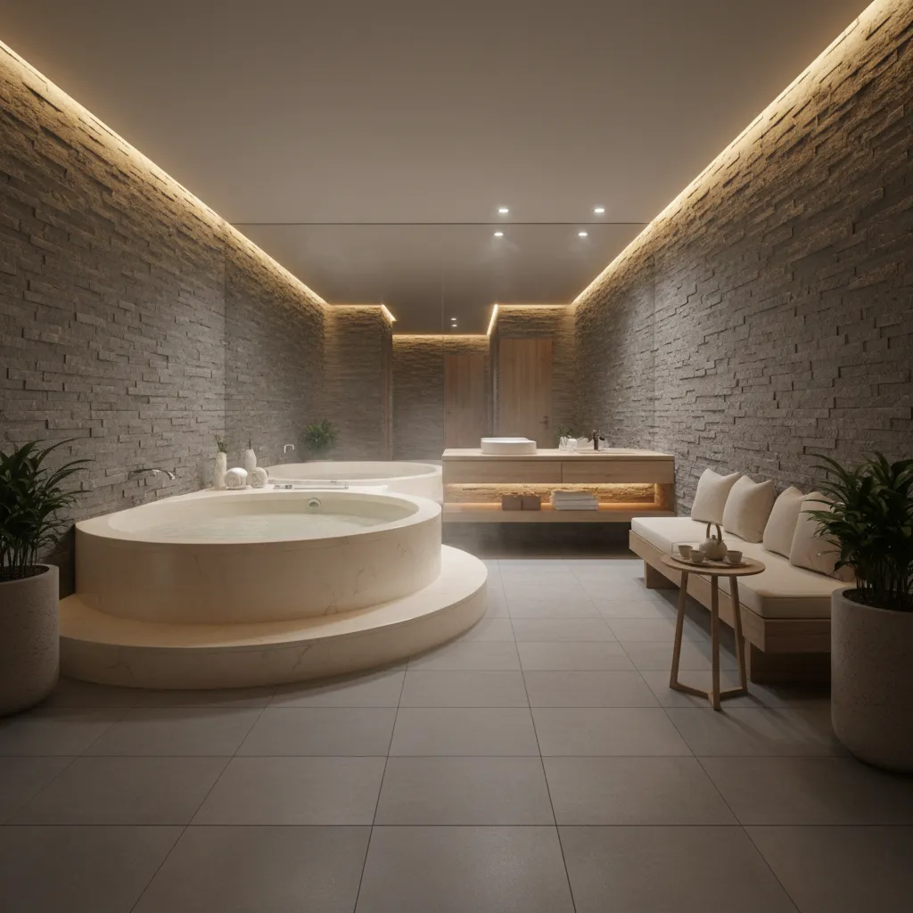 Zona spa interior con jacuzzi integrado y iluminación indirecta