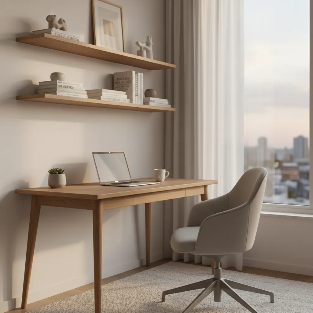 Wooden desk with laptop, gray office chair, wall shelves, and window view of the city