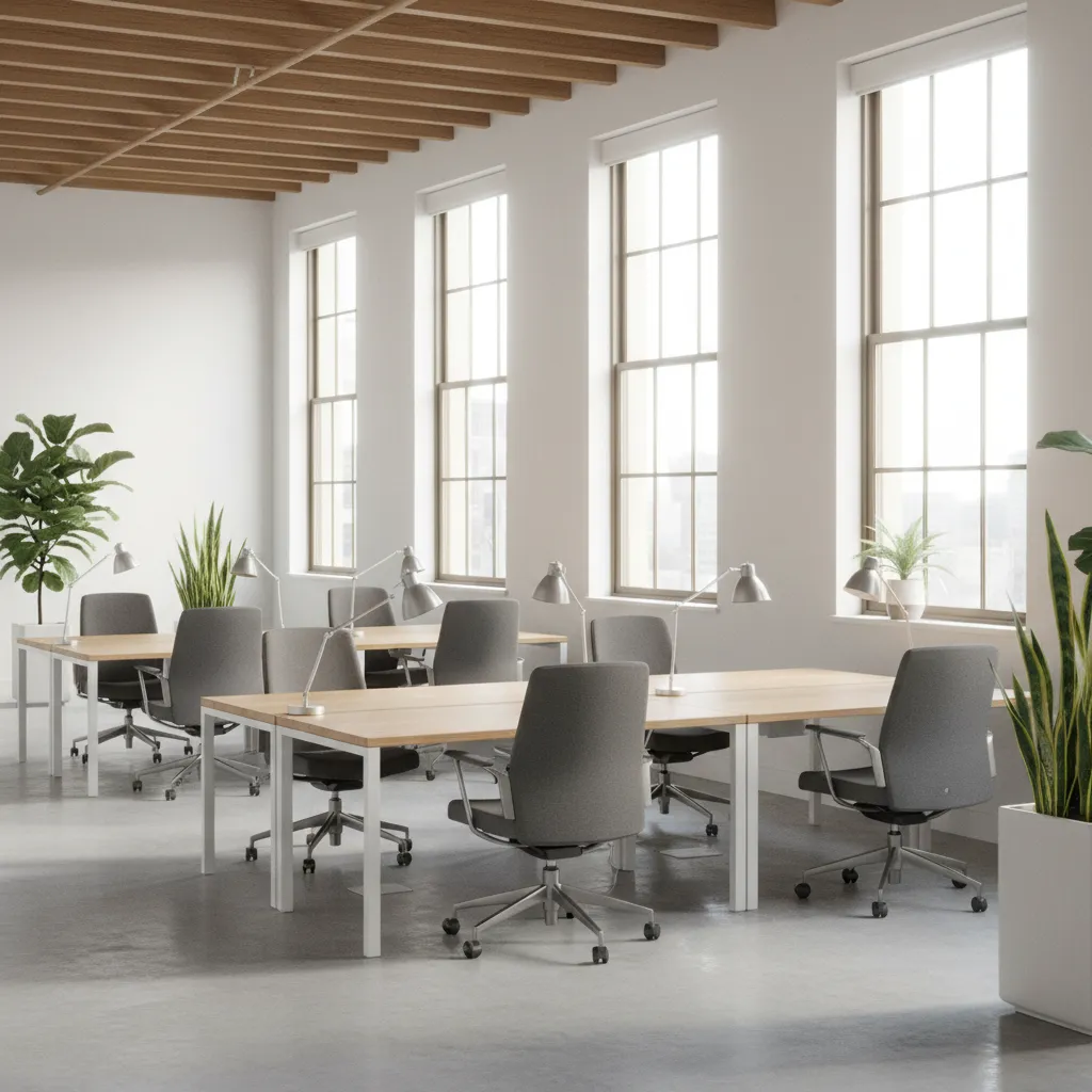 Espacio de trabajo abierto con escritorios compartidos y diseño moderno