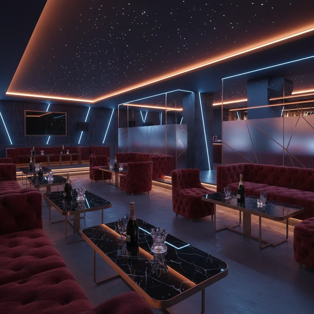 Zona VIP con sofás y mesas en una discoteca elegante