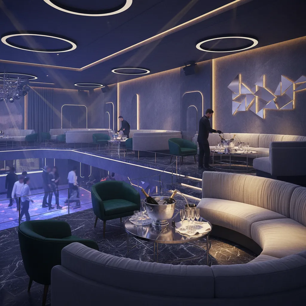 Zona VIP elevada dentro de una discoteca moderna