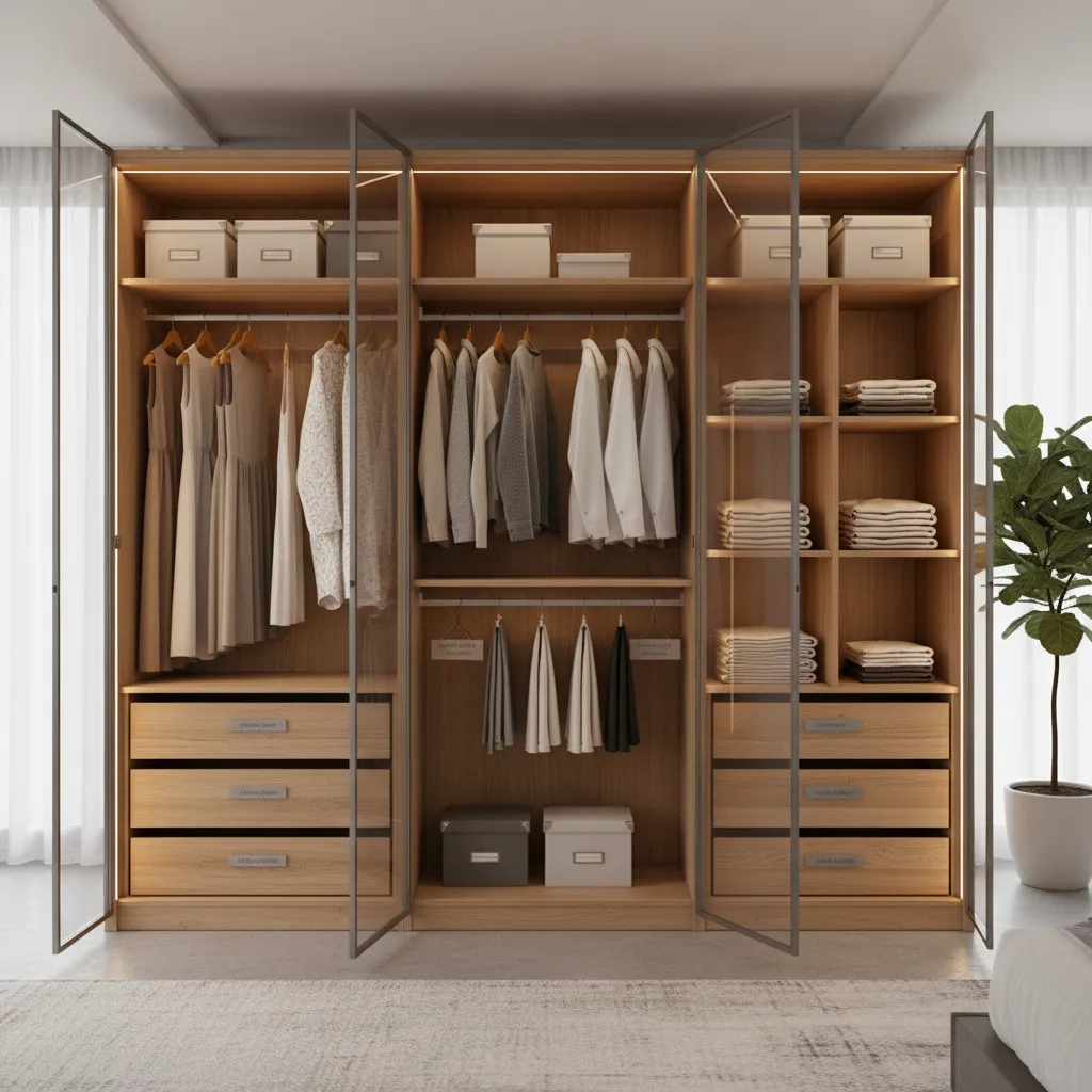 Wooden wardrobe with open glass doors showing hanging dresses shirts folded clothes and bottom drawers