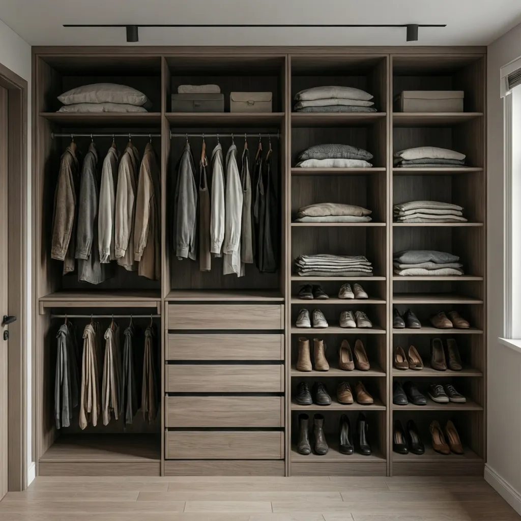 Organized wood closet system showing different storage sections for hanging clothes shoes and folded laundry
