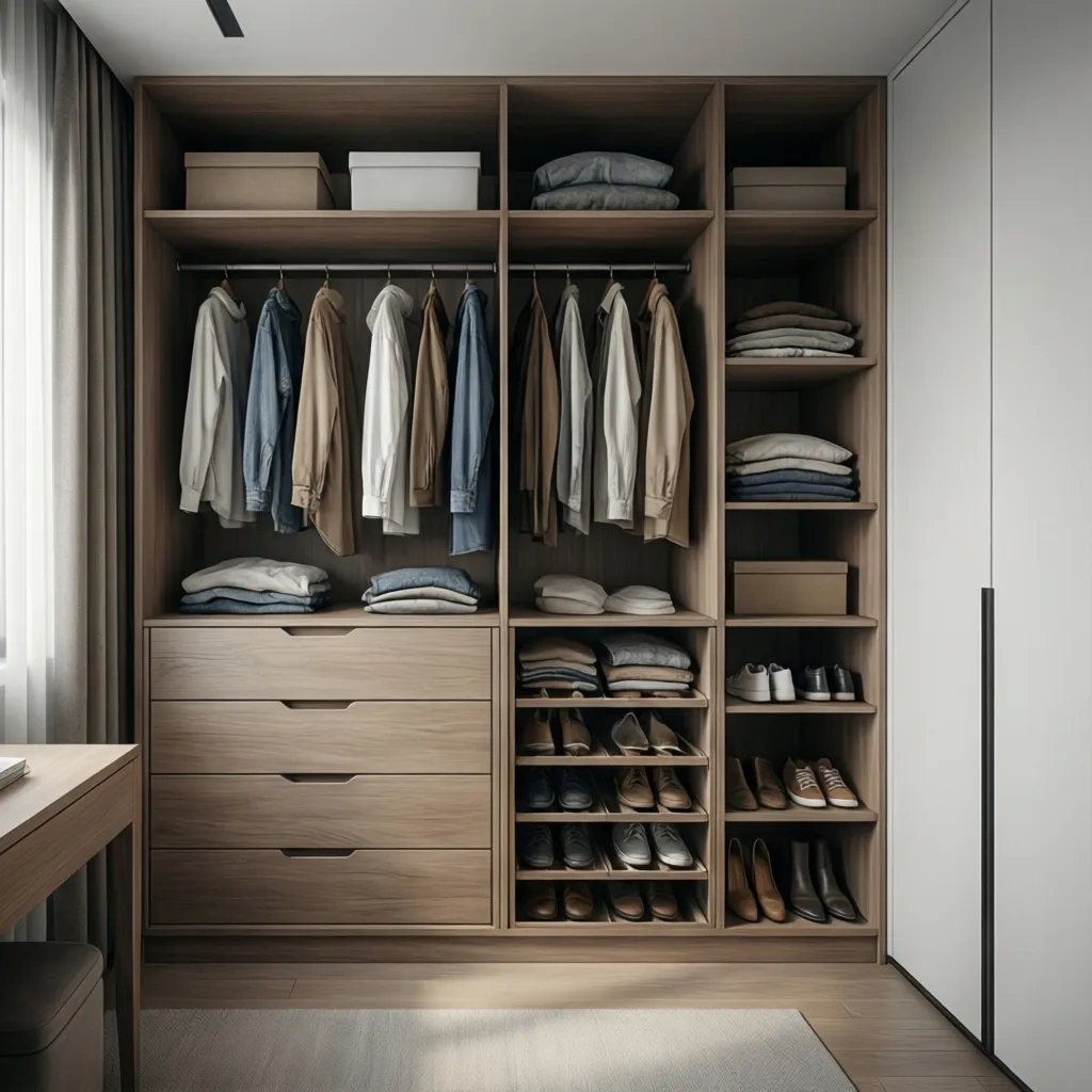 Distribución interior de armario con zonas para colgar ropa, cajones y estantes