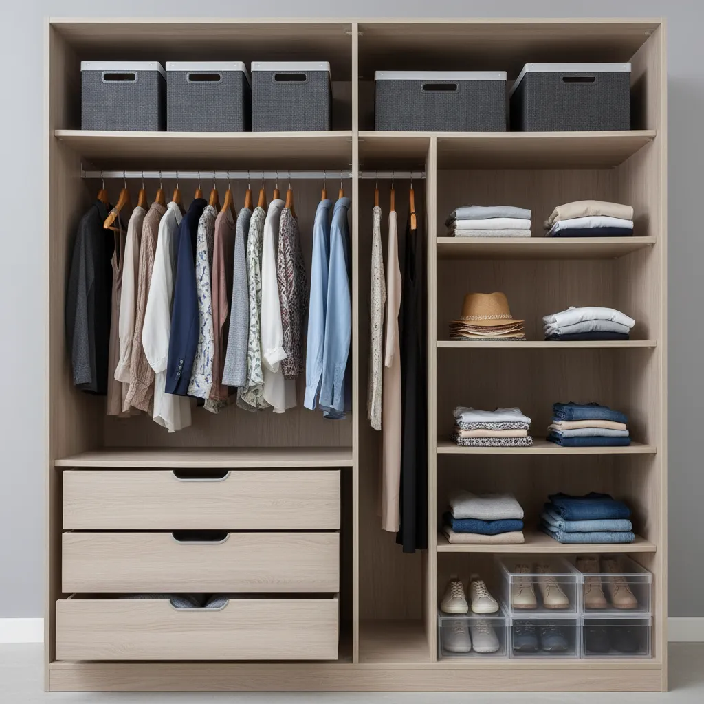 Distribución interior de armario con zonas para colgar ropa, cajones y estantes