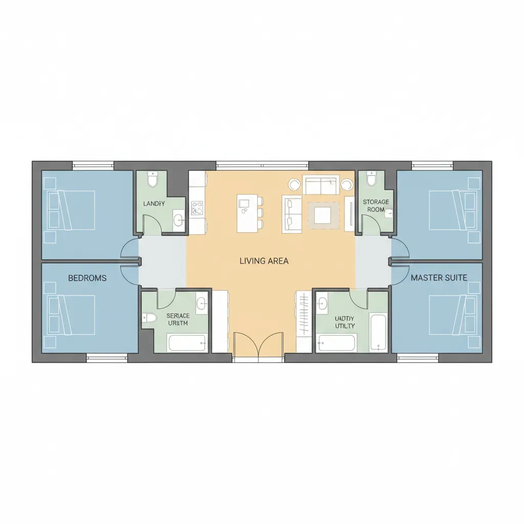 Plano conceptual mostrando zonas social privada y funcional de una casa