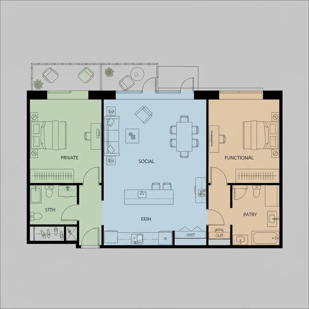 Diagrama de una casa mostrando zona social, privada y funcional