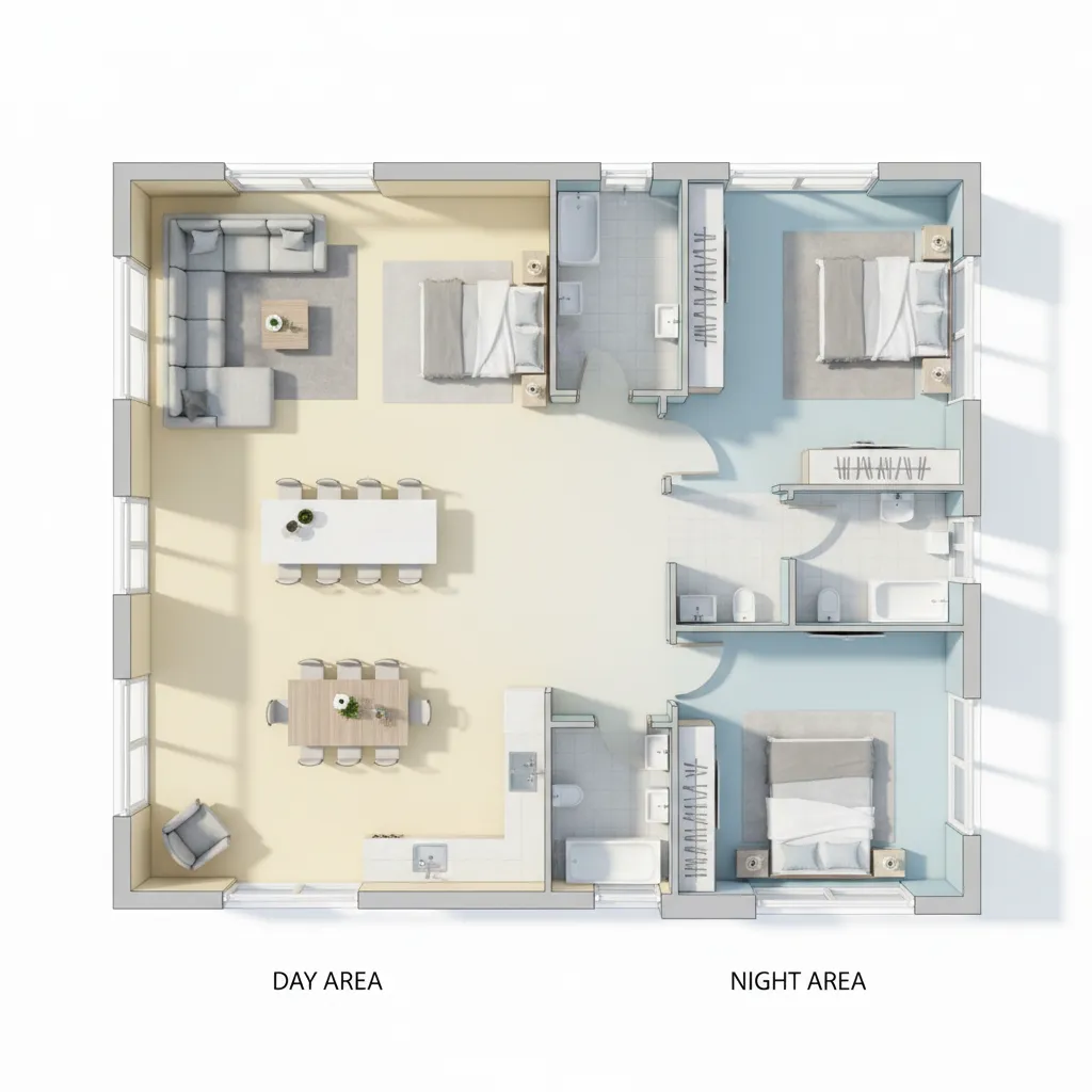 Plano de casa dividido en zona de día y zona privada