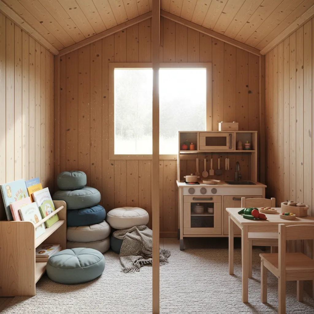 Interior de casita infantil dividido en zona de lectura y zona de juego