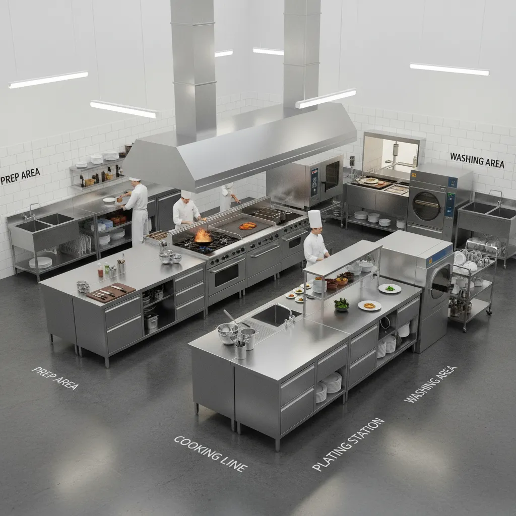 Zonas de trabajo en cocina industrial representadas en modelo 3D