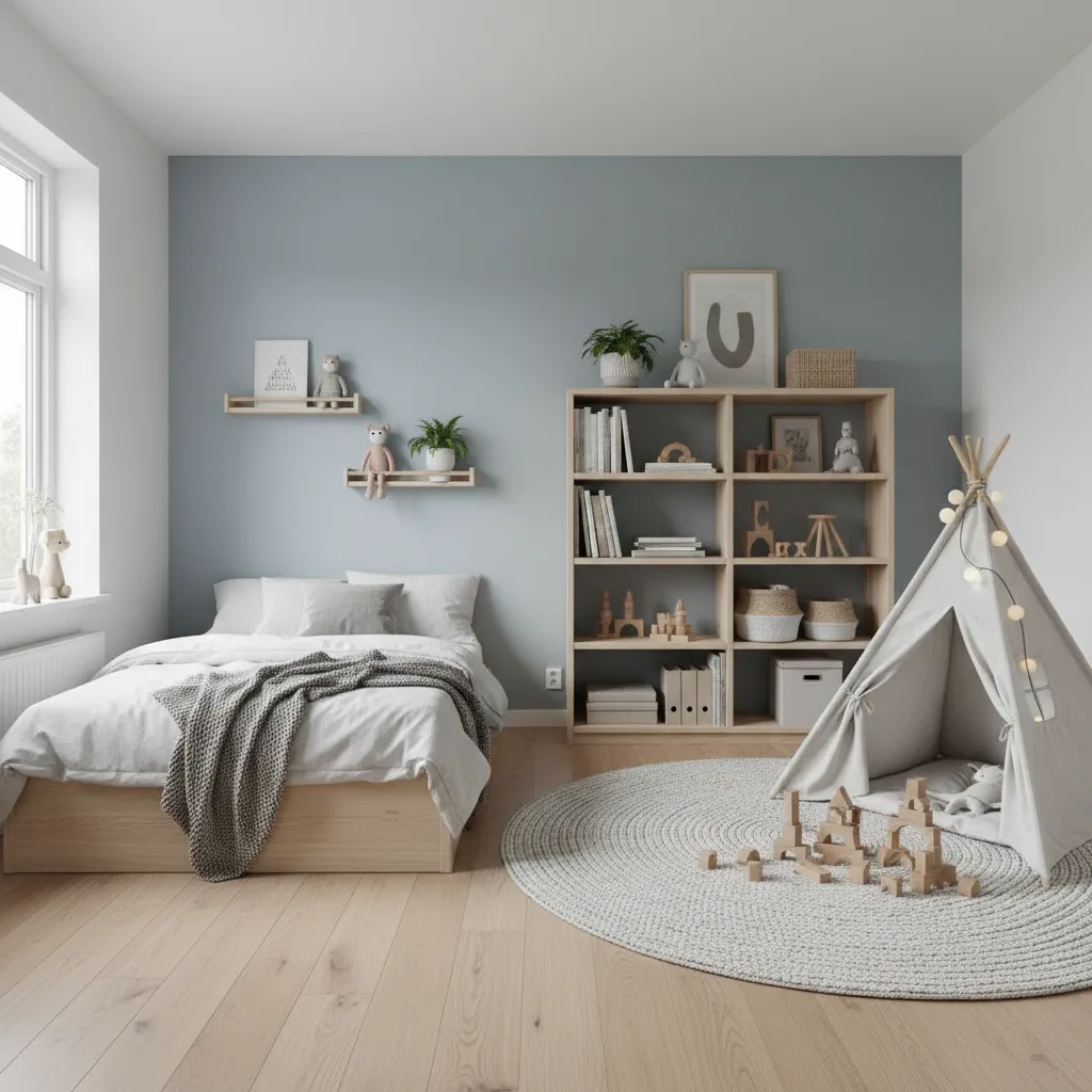 Kids bedroom featuring blue wall wooden bed bookshelf play tent round rug and small toys