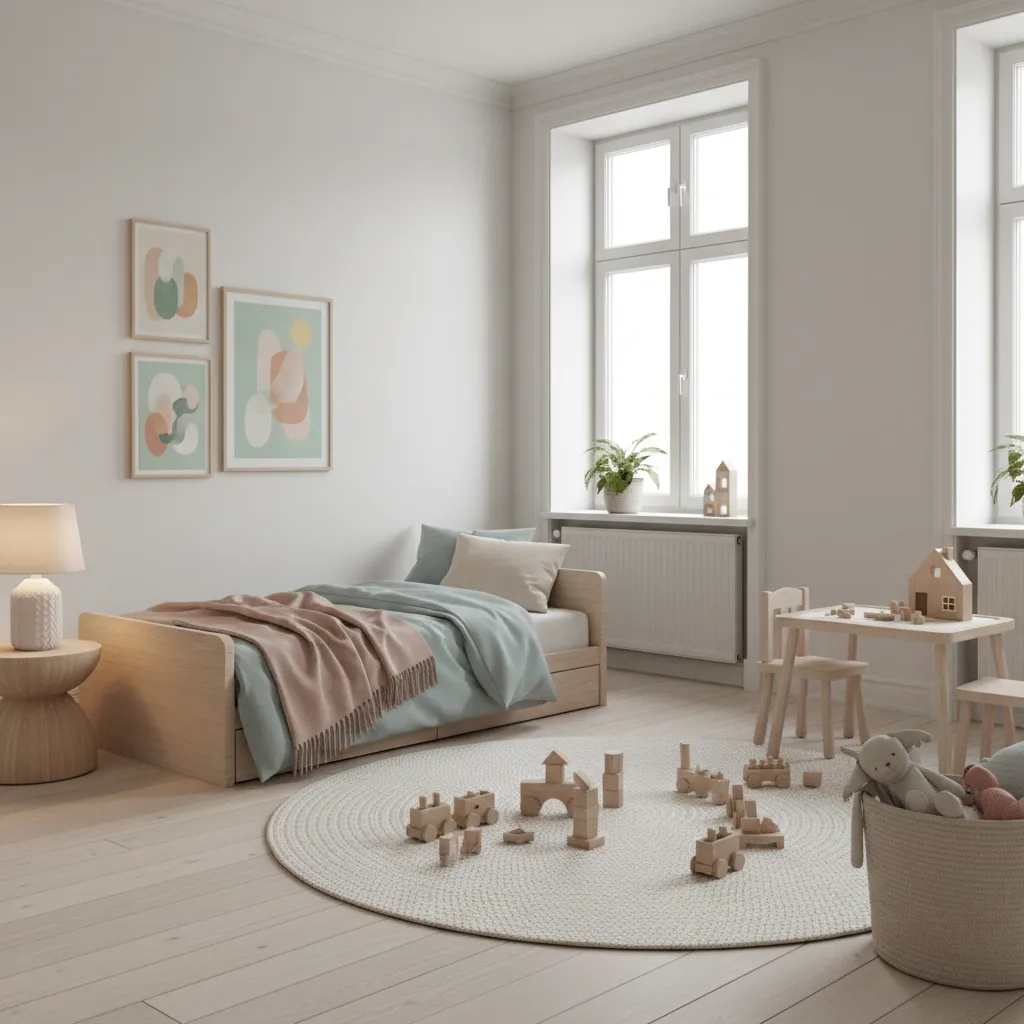 Kids bedroom with wooden bed round white rug wooden toys small table chairs and art