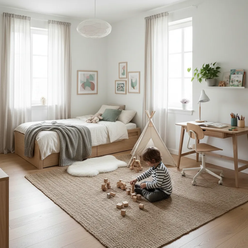 Bright kids bedroom with a wooden bed, child playing on rug, desk, and play tent