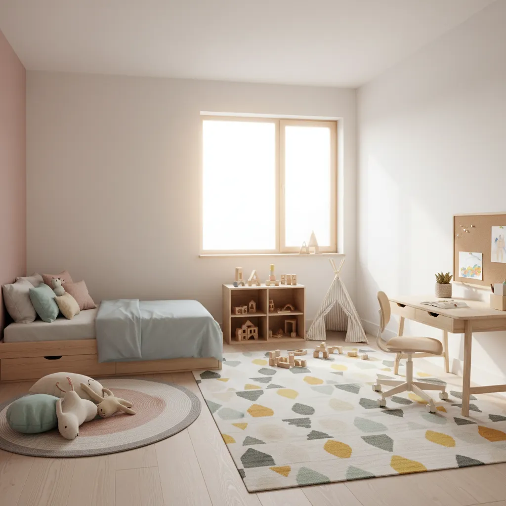 Sunny kids bedroom with wooden bed, small play tent, study desk and a colorful rug