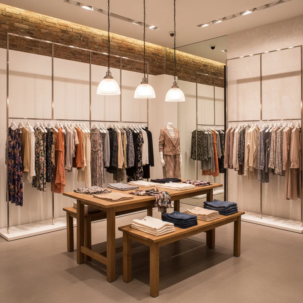 Área de exposición de prendas con percheros y mesas en una boutique