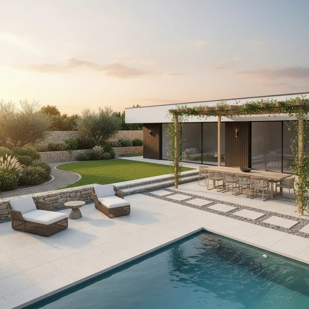 Distribución del jardín con piscina, zona de descanso y comedor exterior