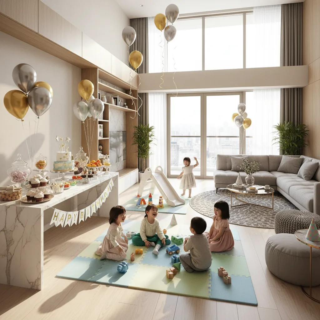Distribución de zonas en una fiesta infantil dentro de una sala de estar