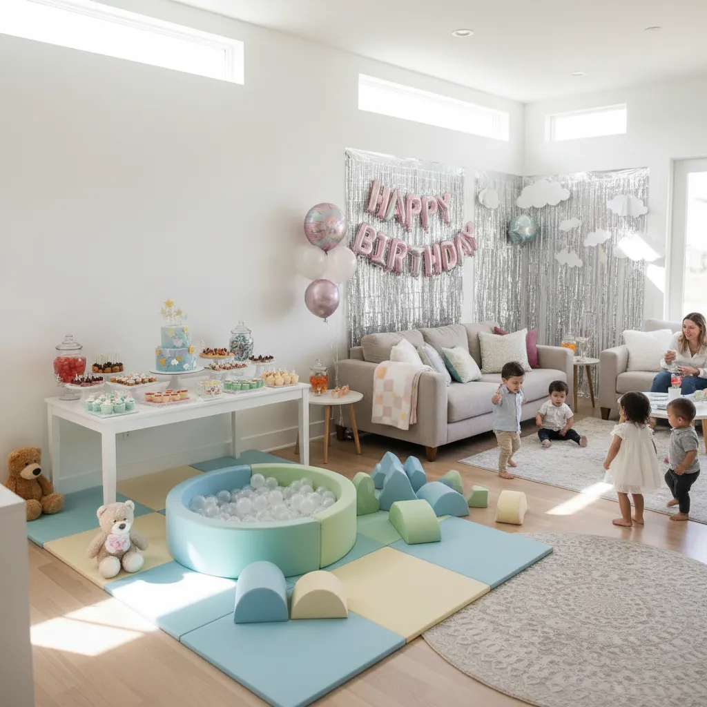 Distribución de zonas para juegos y comida en una fiesta infantil en casa