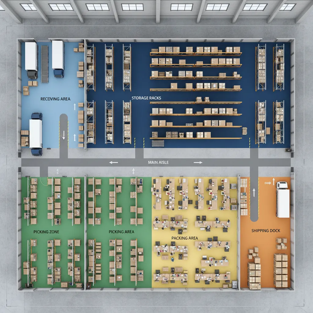 Diagrama de zonas funcionales dentro de un almacén logístico