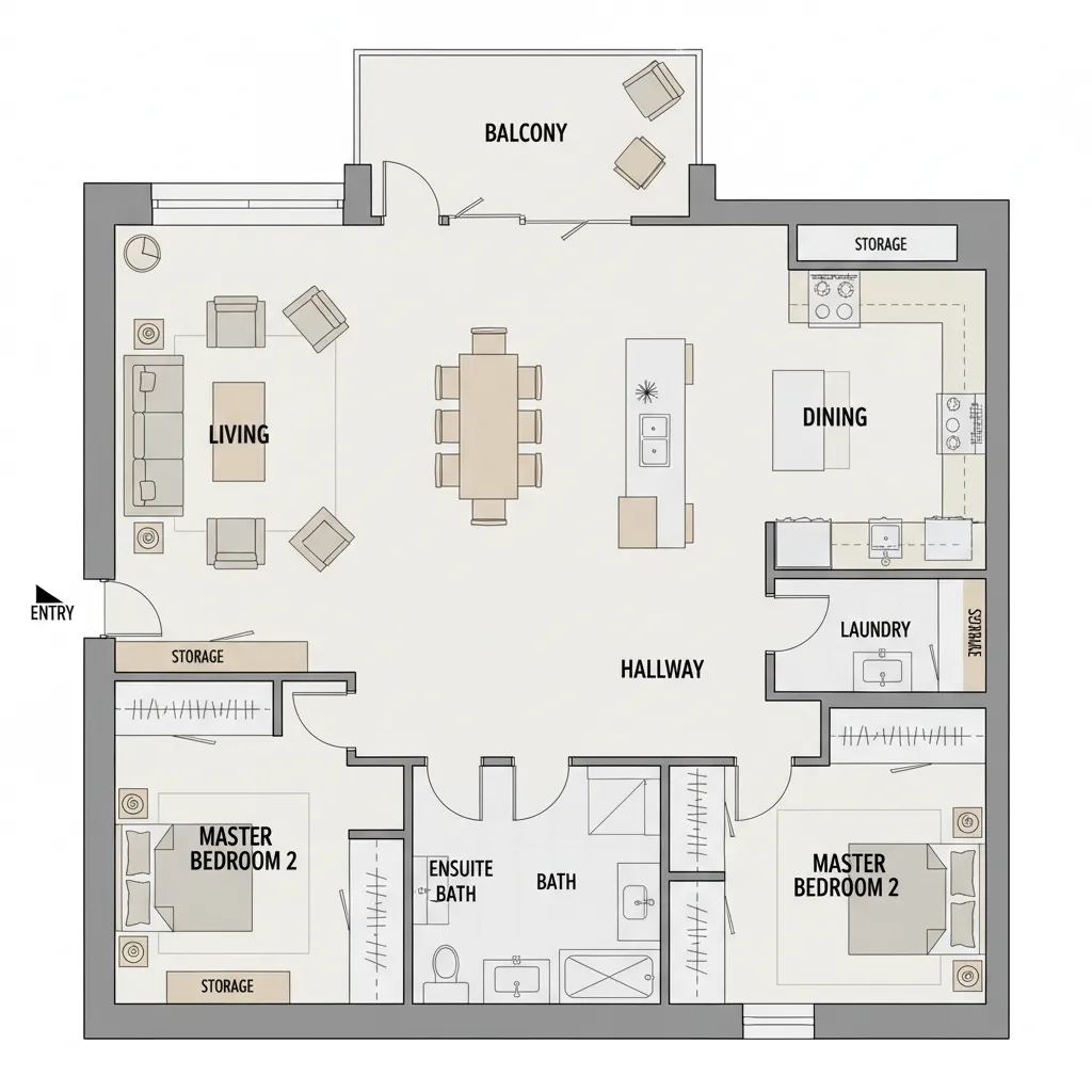 Distribución de una vivienda separando zona social, privada y de servicio