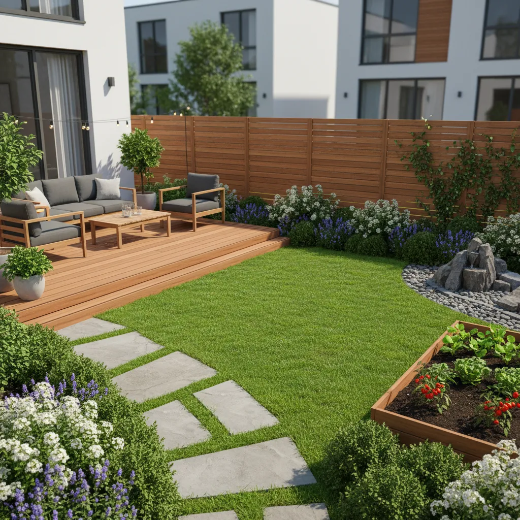 Jardín dividido en zonas con terraza, césped y camino de piedra