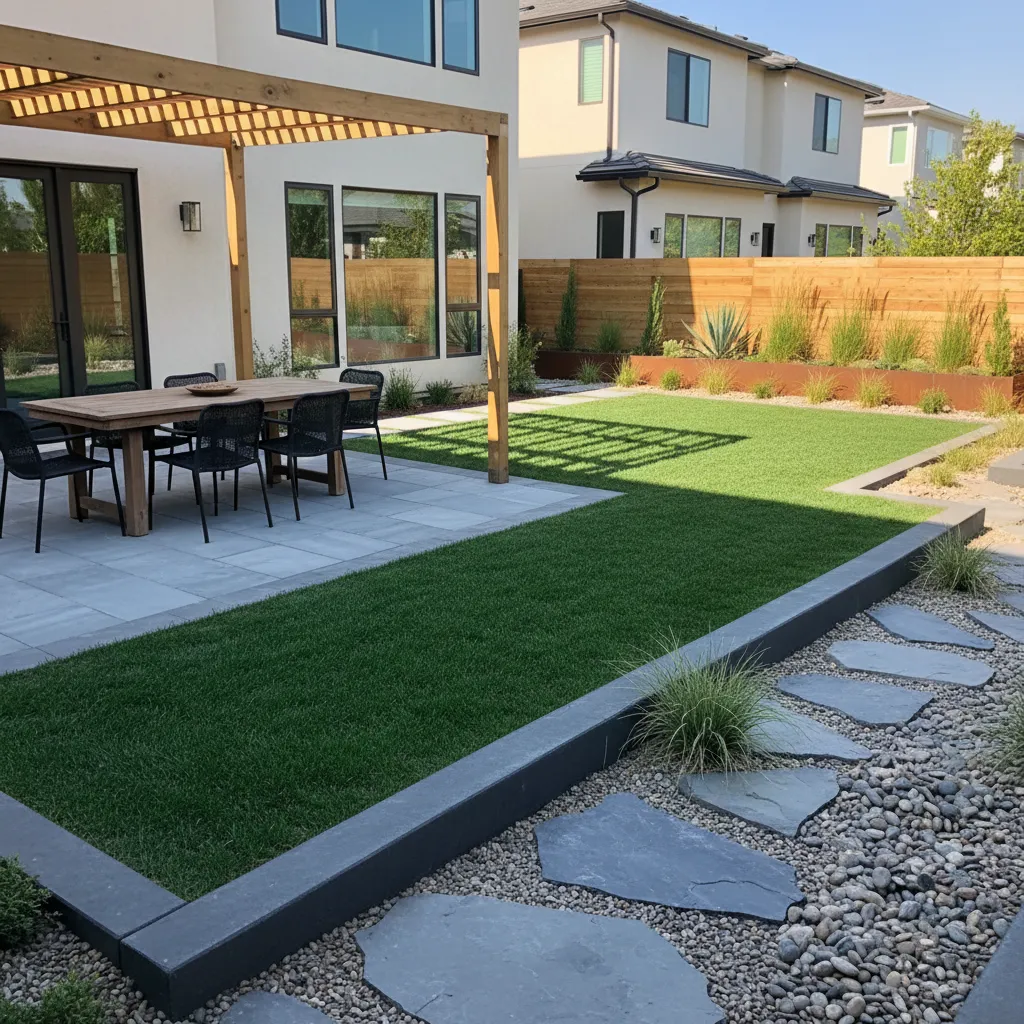 Jardín moderno dividido en zona social y área verde