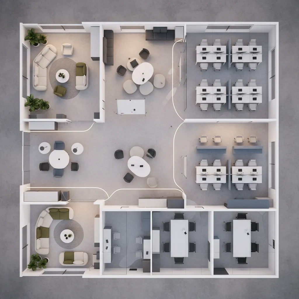 Top down interior design drawing of an office showing workspaces meeting rooms lounge areas and furniture
