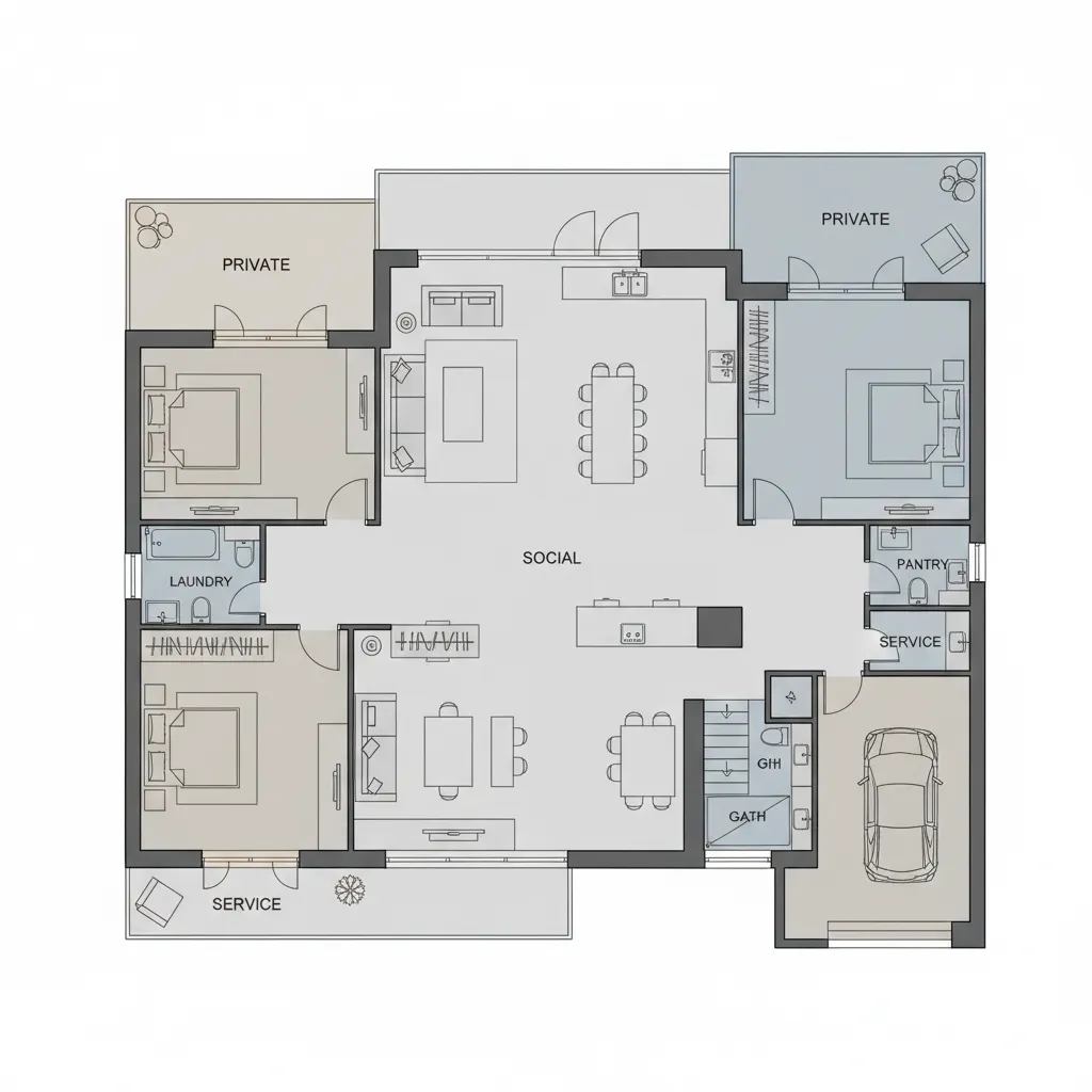 Esquema de plano de casa mostrando zonas social, privada y de servicio