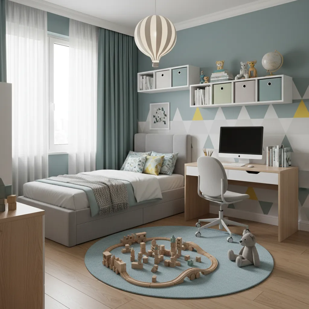 Dormitorio infantil con zona de estudio, zona de juego y cama