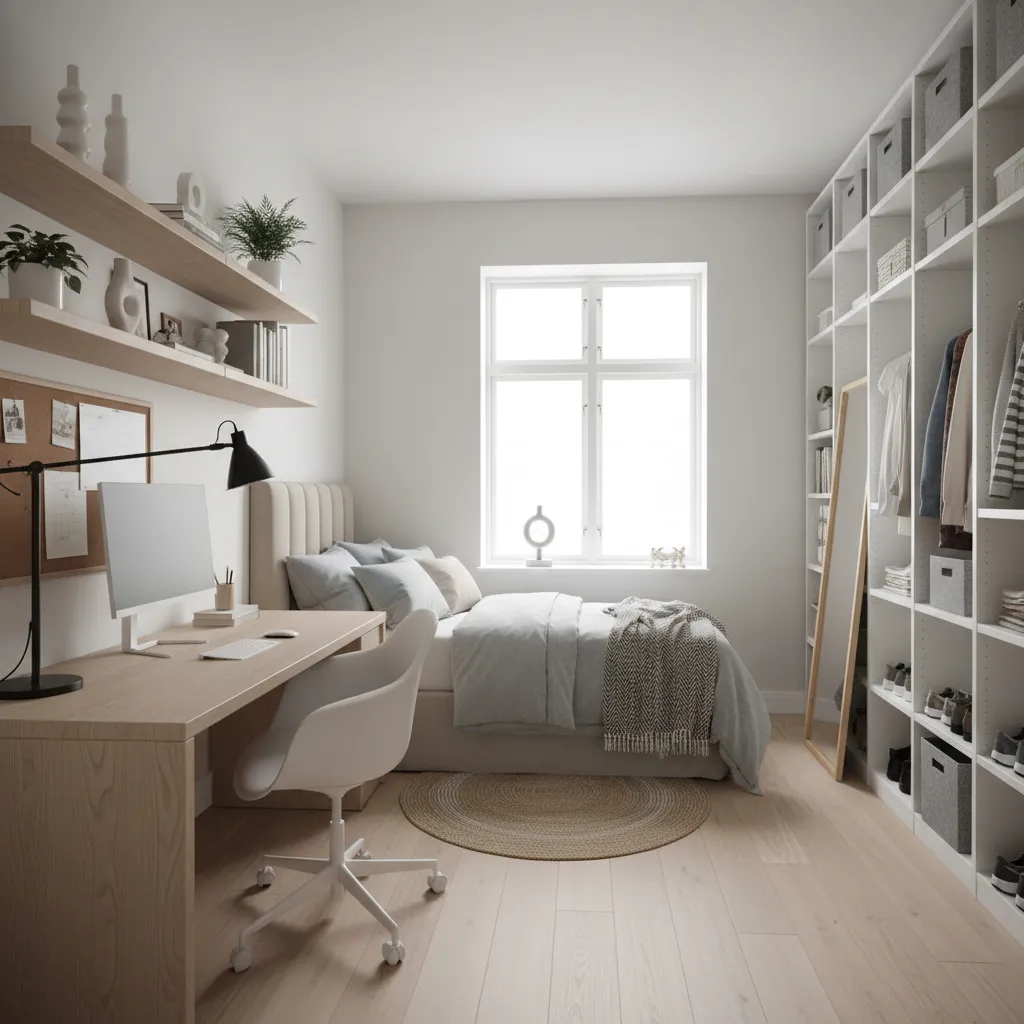 Habitación juvenil organizada en zona de descanso, estudio y almacenamiento
