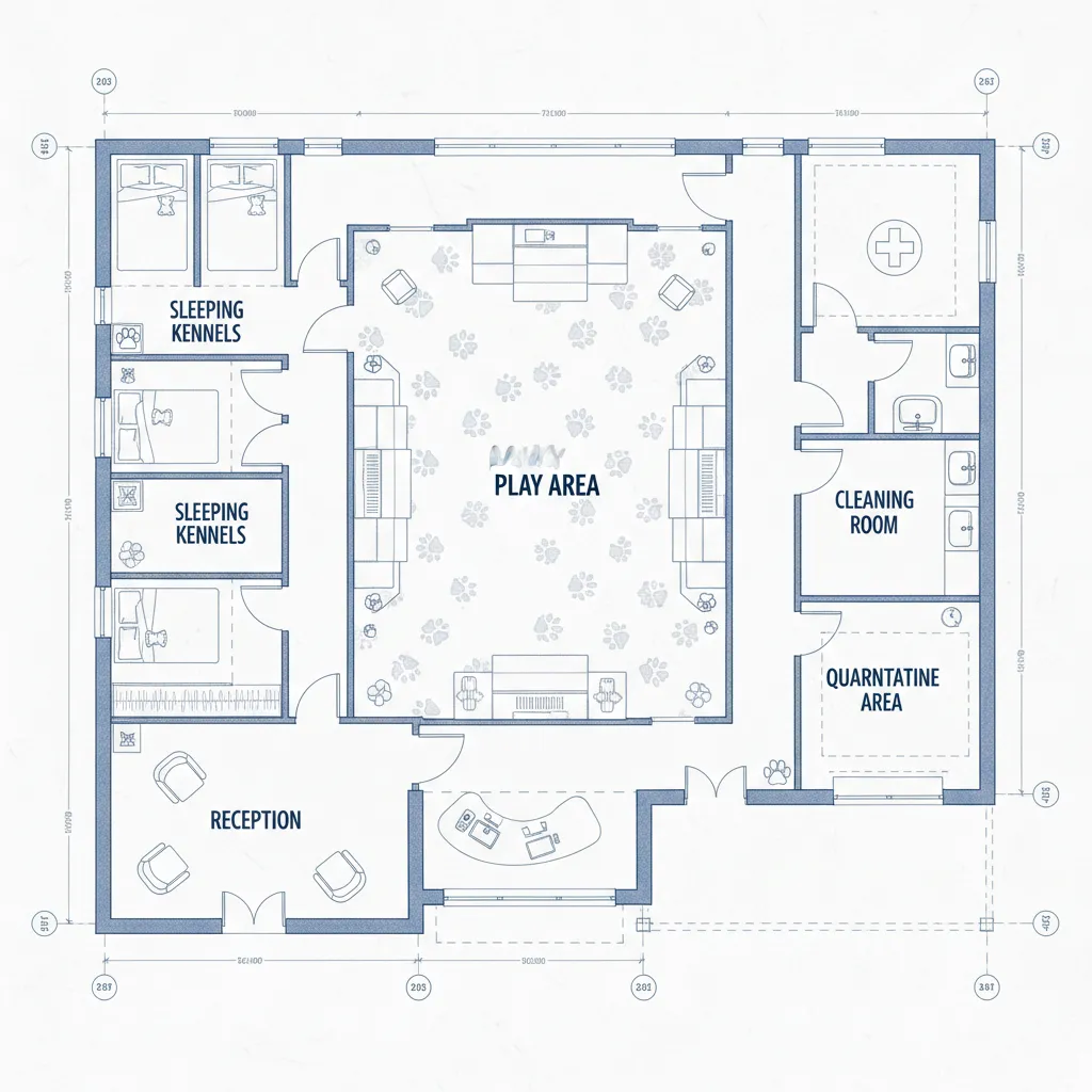 Plano arquitectónico de una residencia canina con zonas separadas