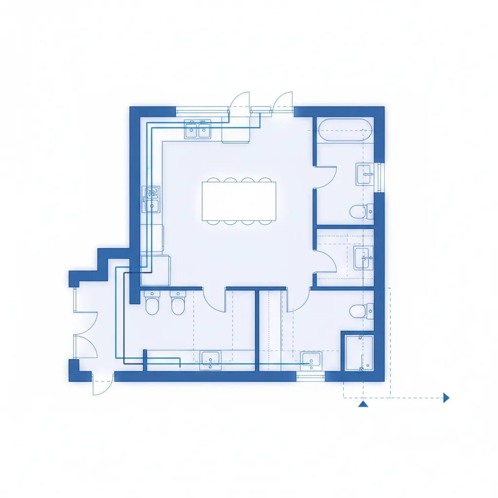 Blue house floor plan showing room layout with furniture bathroom fixtures and plumbing line details